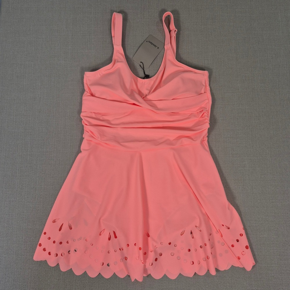 a.Jesdani Pink Ruched Tummy Control Laser Cut Swimdress Size S NWT